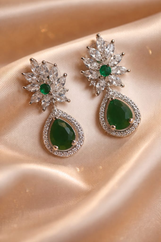 ✨ Emerald Green American Diamond Drop Earrings – Elegant Party Wear Statement Jewellery ✨