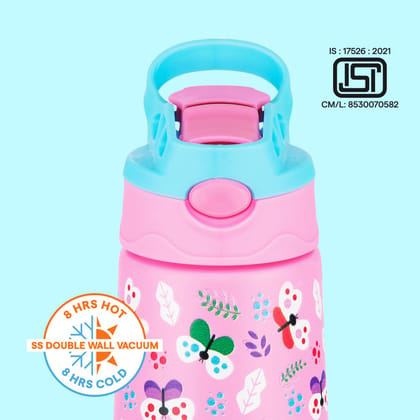 Borosil 330ml Butterfly Kids Stainless Steel Bottle | ISI Certified Made in India | 8 Hrs Hot & Cold Double Wall Vacuum Insulated Flask | Push & Straw Lid | Powder Coated Finish | 1 Year Warranty