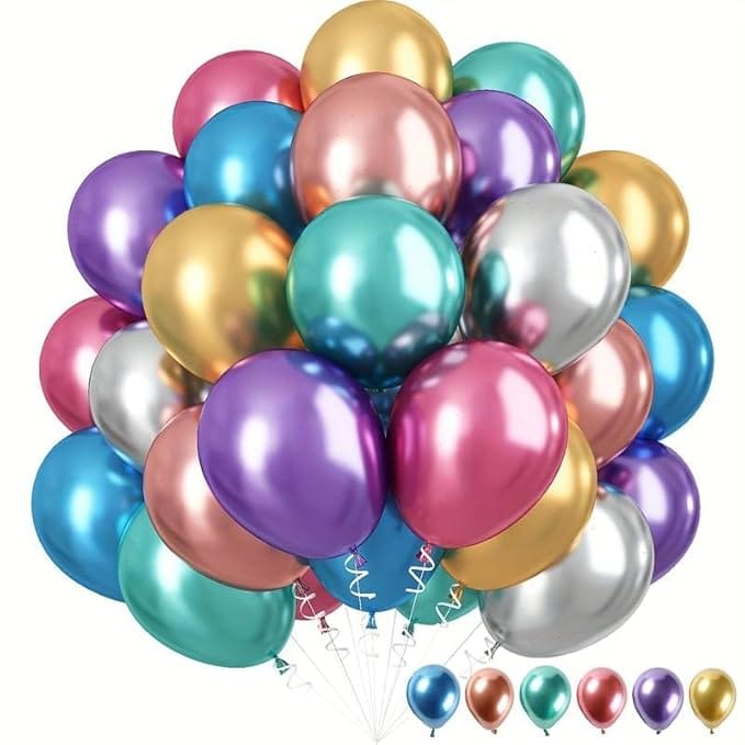 Premium Chrome Metallic Latex Balloons (Pack of 100) – Shiny Multi-Color Set for Birthdays, Anniversaries, Weddings & Event Decoration