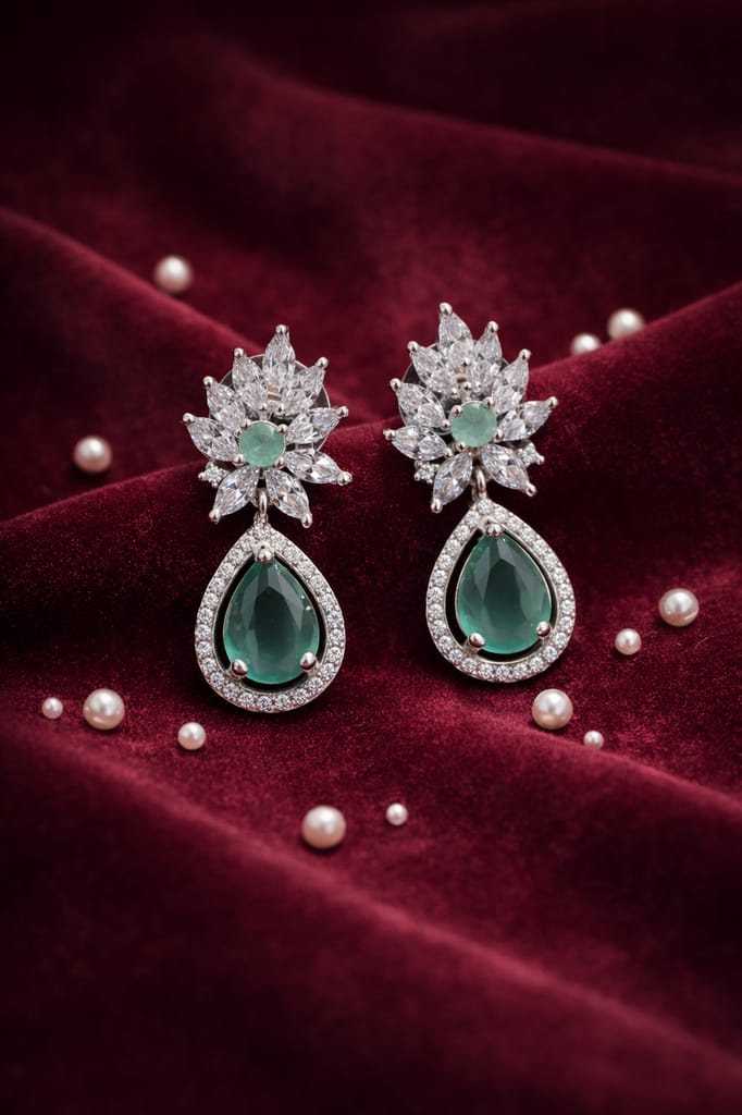 ✨ Classic Sea Green American Diamond Drop Earrings – Elegant Bridal & Party Wear Jewellery ✨
