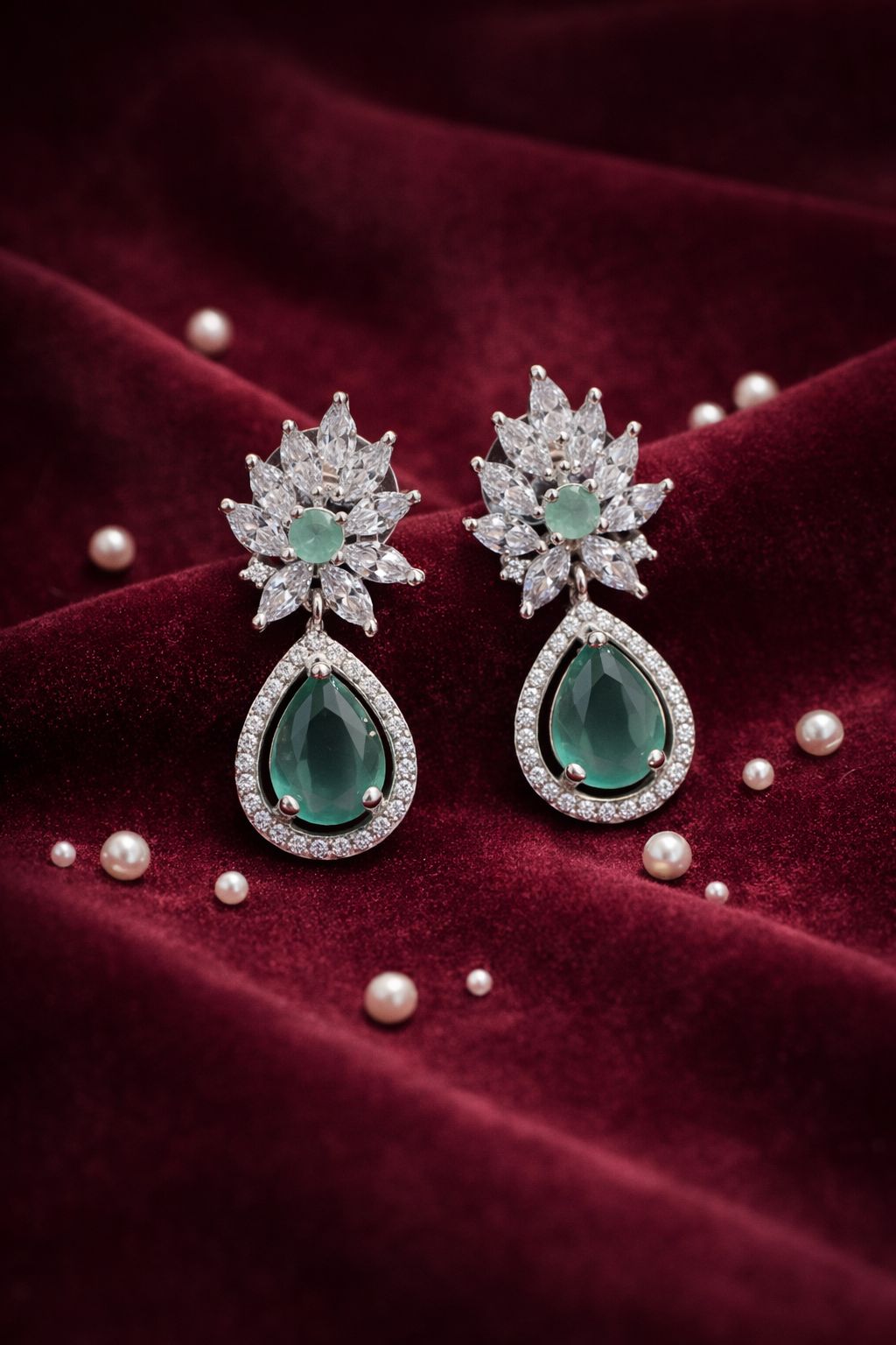 ✨ Classic Sea Green American Diamond Drop Earrings – Elegant Bridal & Party Wear Jewellery ✨