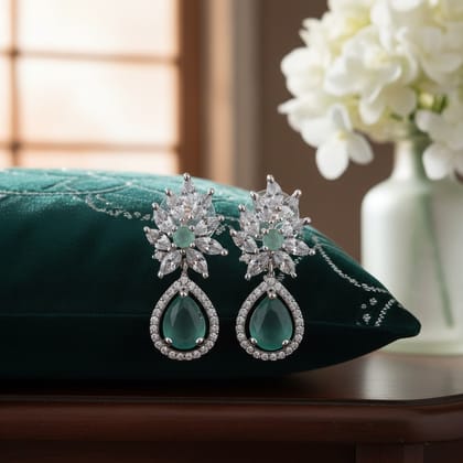 ✨ Classic Sea Green American Diamond Drop Earrings – Elegant Bridal & Party Wear Jewellery ✨