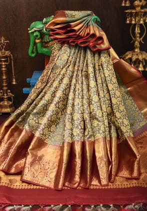 Gray Meenakari  Floral Brocade Kanjivaram Pure Silk Saree with Wide Red Border | SILK MARK CERTIFIED