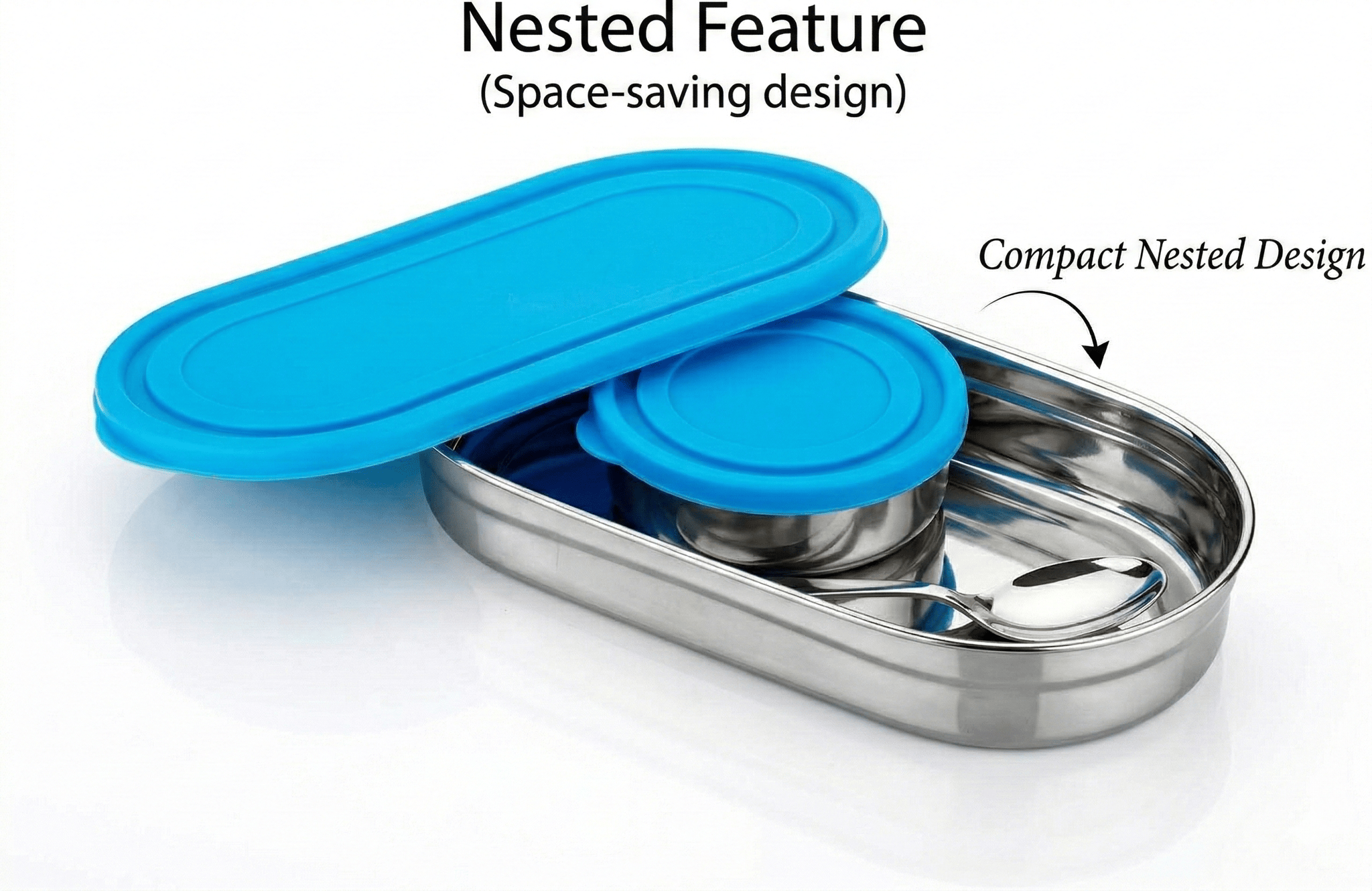 V3Deals Stainless Steel Lunch Box with Inner Container, Blue Lid, Leakproof, BPA-Free, Includes Spoon, 20x4 cm Main Container, 8.5x3.5 cm Inner Bowl, 2-Piece Set