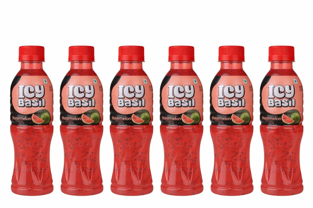 ICY Basil Watermelon Drink with Basil Seeds, 250ml - Exotic & Refreshing -Pack of 6
