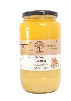 Sprouted Gir Cow Desi Ghee 1 Litre | Glass Jar | Bilona Method | Lab Tested |Curd-Churned |Pure, Natural & Healthy | Danedar Ghee | Desi Ghee