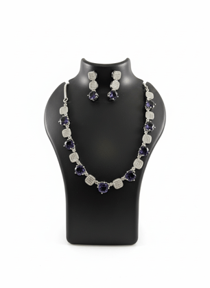Elegant Silver Plated Necklace and Earring Set with Purple Stones