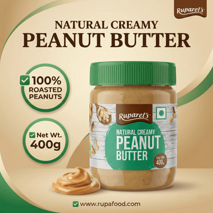 Ruparel’s Natural Creamy Peanut Butter 400g | 100% Roasted Peanuts | Source of Protein | Delicious & Wholesome | Smooth Nut Butter Spread for Bread, Sandwich & Smoothies