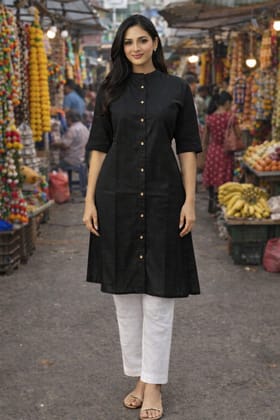 Stylish Black Cotton Long Kurti with White Pant