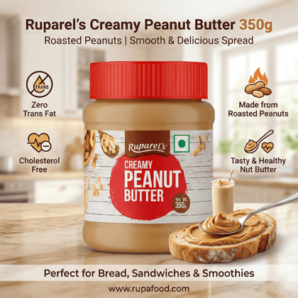 Ruparel’s Creamy Peanut Butter 350g | Roasted Peanuts | Smooth & Delicious Spread | Cholesterol Free | Zero Trans Fat | Tasty & Healthy Nut Butter Perfect for Bread, Sandwiches & Smoothies