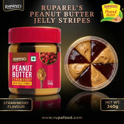 Ruparel’s Peanut Butter with Strawberry Jelly Stripes 340g | Protein Rich Healthy Nut Butter | Creamy jam Breakfast Spread for Gym & Kids | Vegetarian
