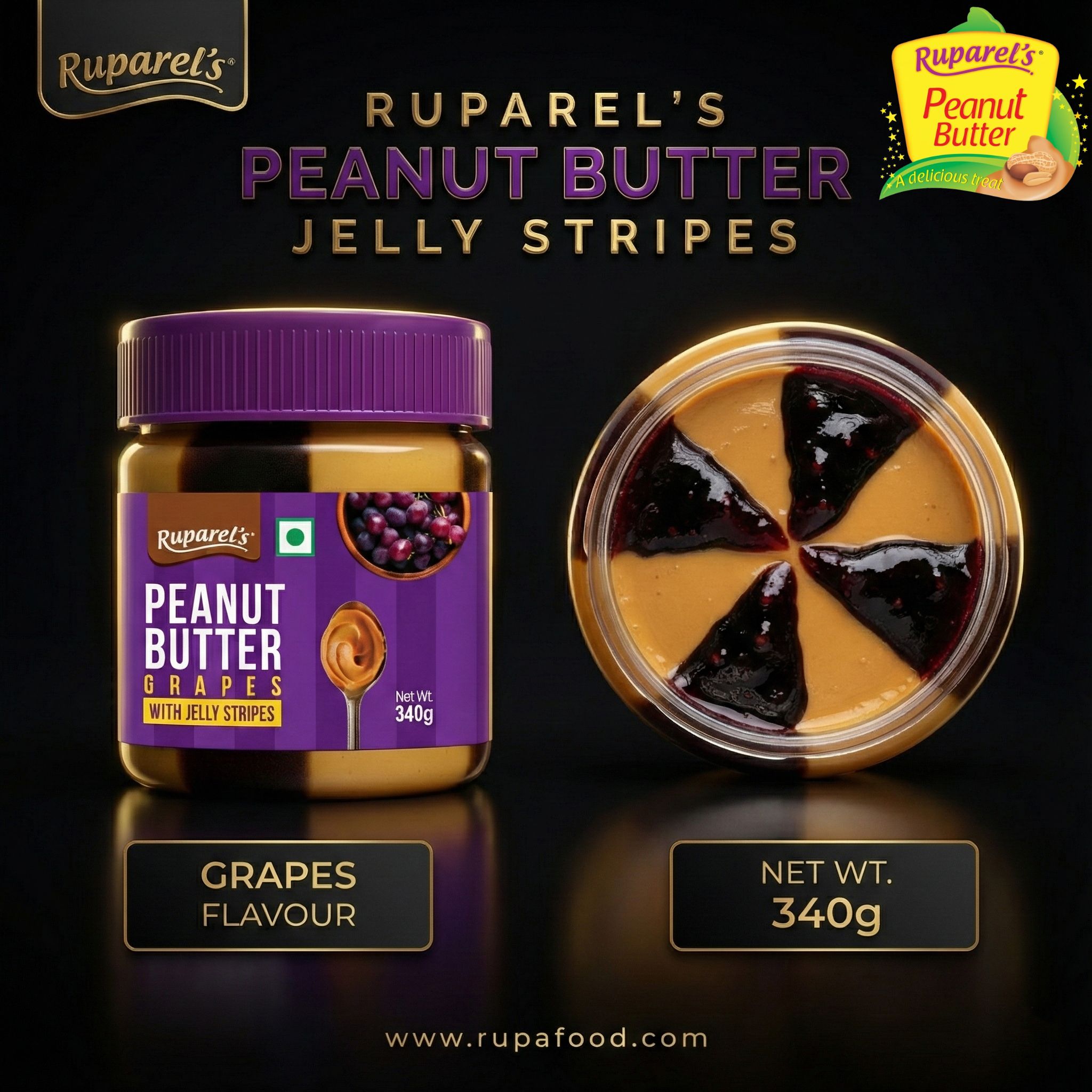 Ruparel’s Peanut Butter with Grapes Jelly Stripes 340g | Protein Rich Healthy Nut Butter | Creamy jam Breakfast Spread for Gym & Kids | Vegetarian