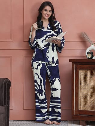 Purple Colour Abstract Printed Viscose Rayon Night Suit-L