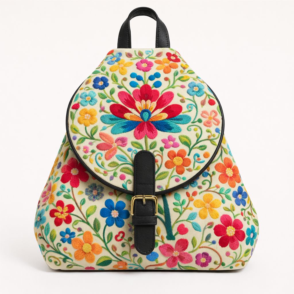 Floral Embroidered Backpack with Faux Leather Trim