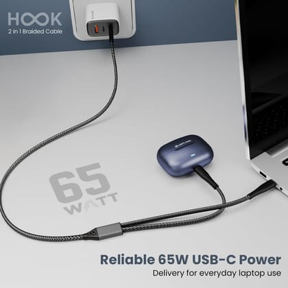 LAPCARE HOOK 2-in-1 USB-C to C Combo Fast Charging Cable 65W | 1.2m Nylon Braided | PD Fast Charge & Data Sync | Compatible with Laptop, iPad, iPhone, Samsung & Other Type C Devices