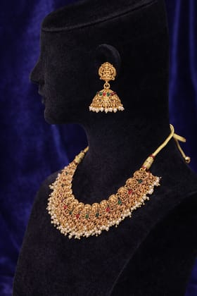 Traditional Gold-Plated Lakshmi Coin Haram Necklace with Jhumka Earrings