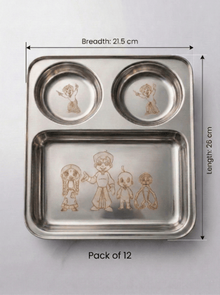 WEKTU 3-Section Stainless Steel Kids Dinner Plate, 26 cm, Laser Engraved Chhota Bheem & Friends Design, Partition Thali for Kanyak / Kanjak Pujan.