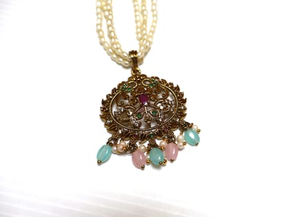 Traditional Gold-Plated Pearl Pendant with Gemstone Accents
