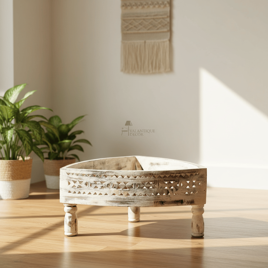 White Wooden Distressed Carved Chakki Table | Round Wood Coffee Table for Decor