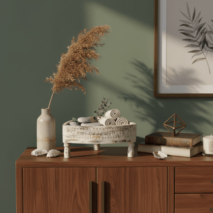 White Wooden Distressed Carved Chakki Table | Round Wood Coffee Table for Decor