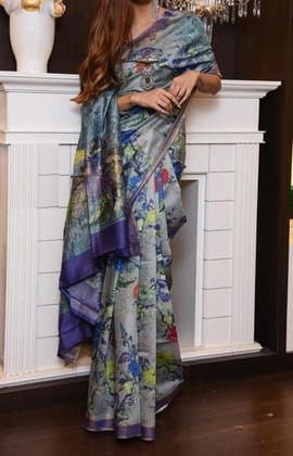 Party Wear Linen Multi color Digital Printed Sari 1034