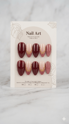Nail Art Press-On Nails Set - Red, Nude & Gold Accents