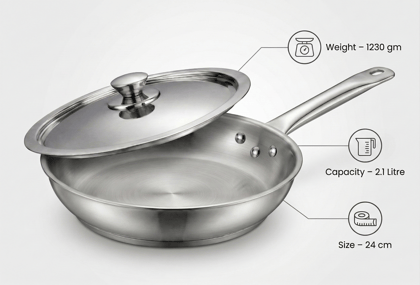 Premium Tri-Ply Stainless Steel Fry Pan with Lid -  Induction Compatible Skillet, Riveted Handle, Sauté Pan for Even Heat Distribution