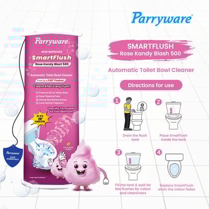 Parryware SMARTFLUSH In-Tank Automatic Toilet Bowl Cleaner - Rose Kandy Blast 500 | 99.9% Disinfection | Specially for Kids Bathroom | Lasts upto 600* Flushes | FCSF0503