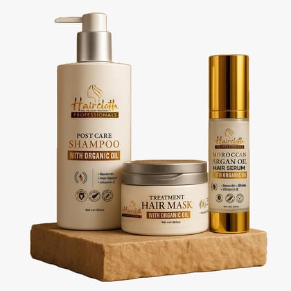 Haircloth Professionals Retail Kit Combo (Post Care Shampoo 300ml + Treatment Mask 300ml + Argan Oil Serum 50ml) – Complete Hair Repair & Nourishment Set