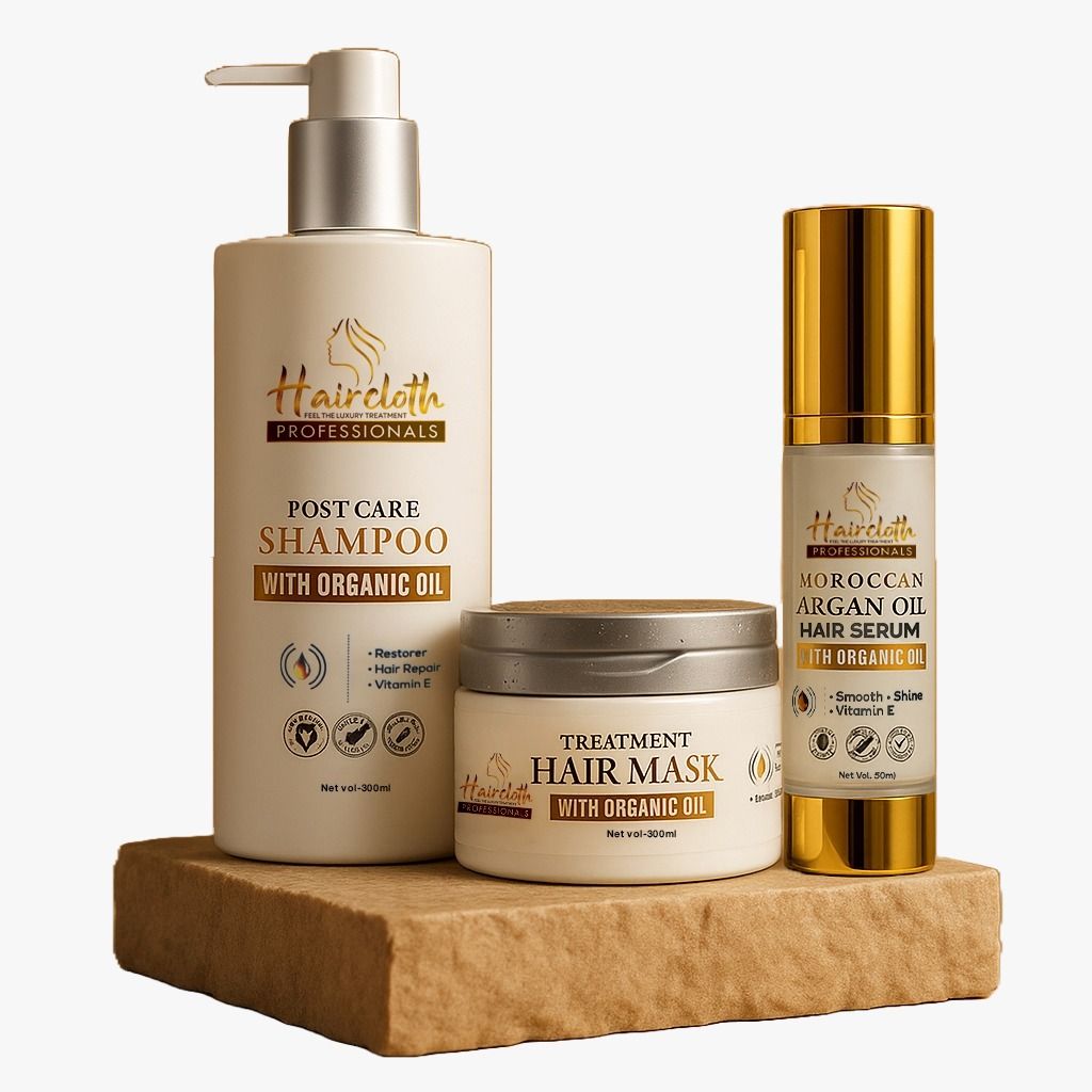 Haircloth Professionals Retail Kit Combo (Post Care Shampoo 300ml + Treatment Mask 300ml + Argan Oil Serum 50ml) – Complete Hair Repair & Nourishment Set