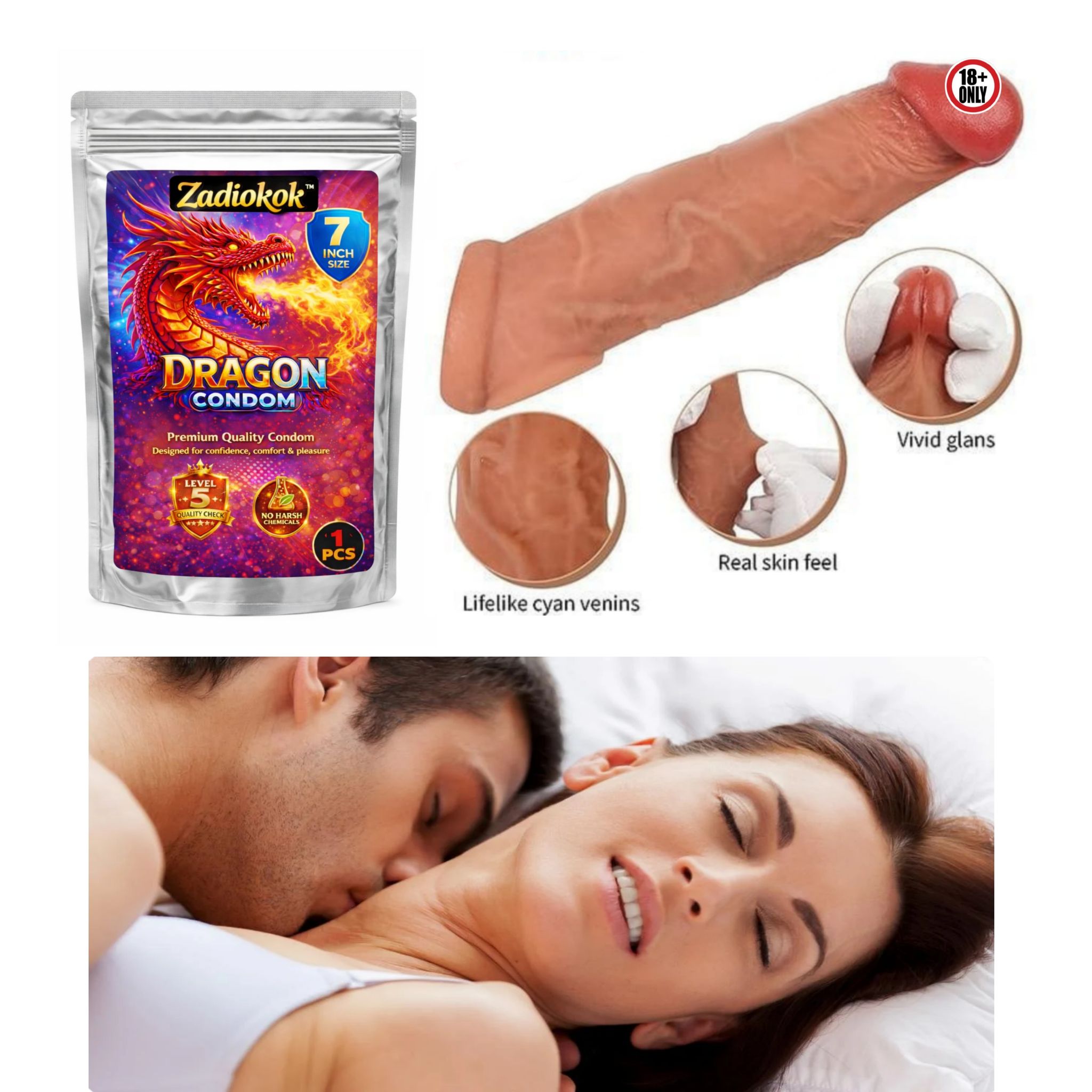 Zadiokok 7 Inch Dragon Condom Reusable Intense Sensation for Confidence & Pleasure Smooth & Safe Protection | 1 PCS