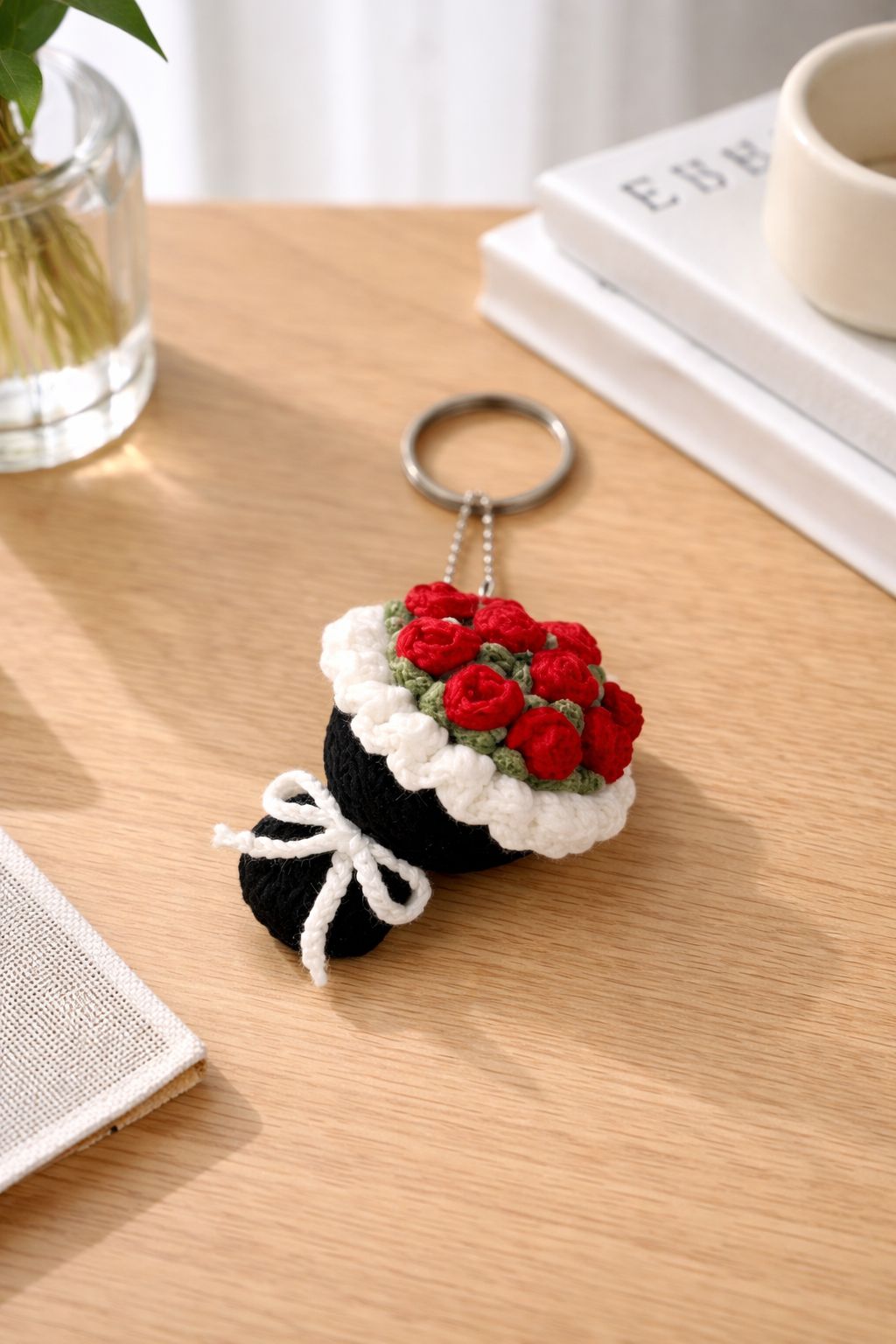Handmade Crocheted Rose Bouquet Keychain Charm Bag Pendant