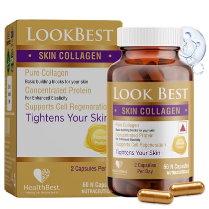 Healthbest Skin Collagen Supplement for Women & Men - 60 Marine Collagen Capsules - Enhances Skin Tightening, Boosts Elasticity & Firmness