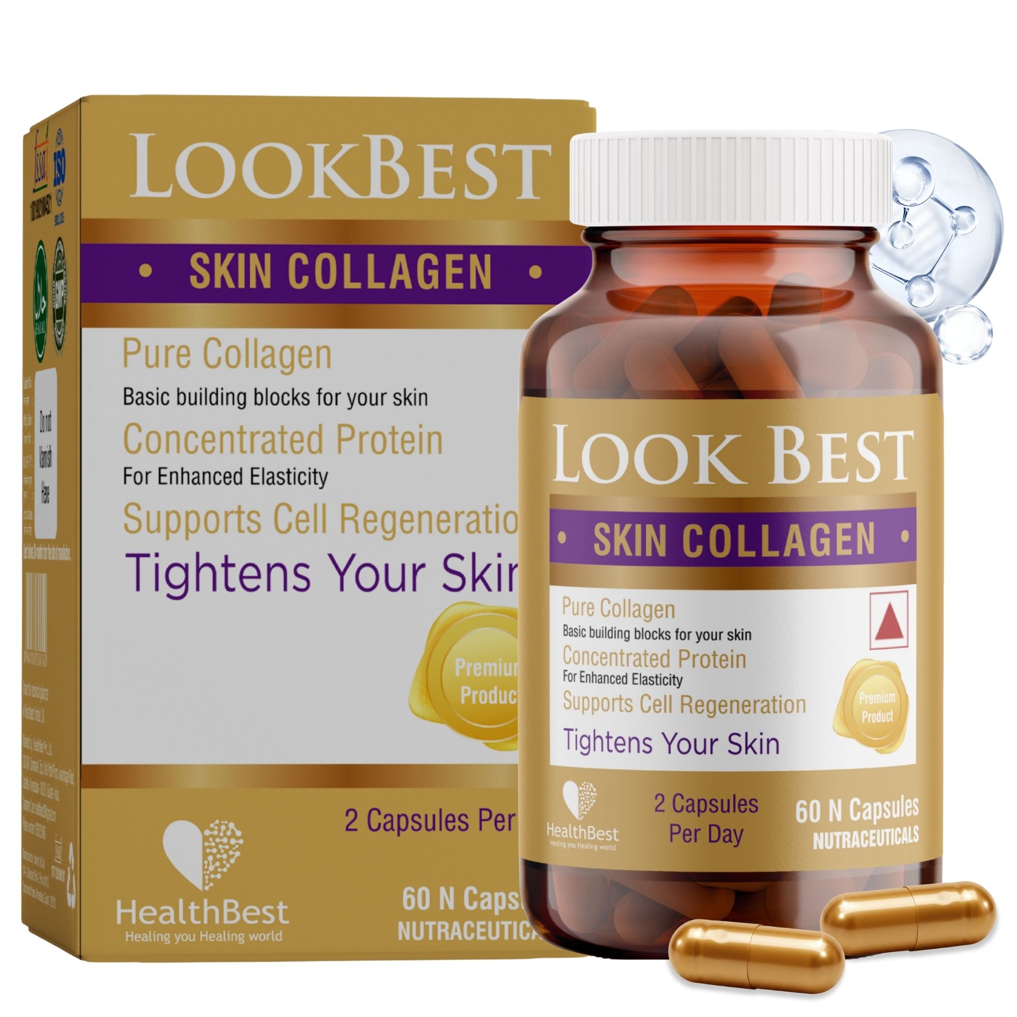 Healthbest Skin Collagen Supplement for Women & Men - 60 Marine Collagen Capsules - Enhances Skin Tightening, Boosts Elasticity & Firmness