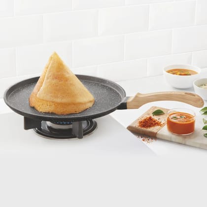 Borosil Vajra Die-Cast Non-Stick Aluminium Dosa Tawa, Black with Wood-Finish Handles, 280 mm Wide, 5 mm Thick