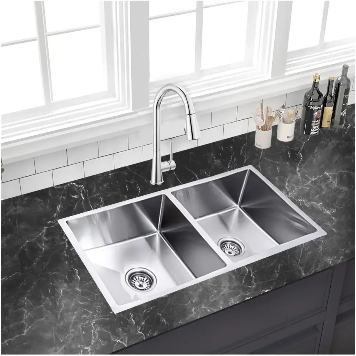 Classic Handmade (32x 18x 10) Inch Double Bowl Silver Round Stainless Steel Kitchen Sink