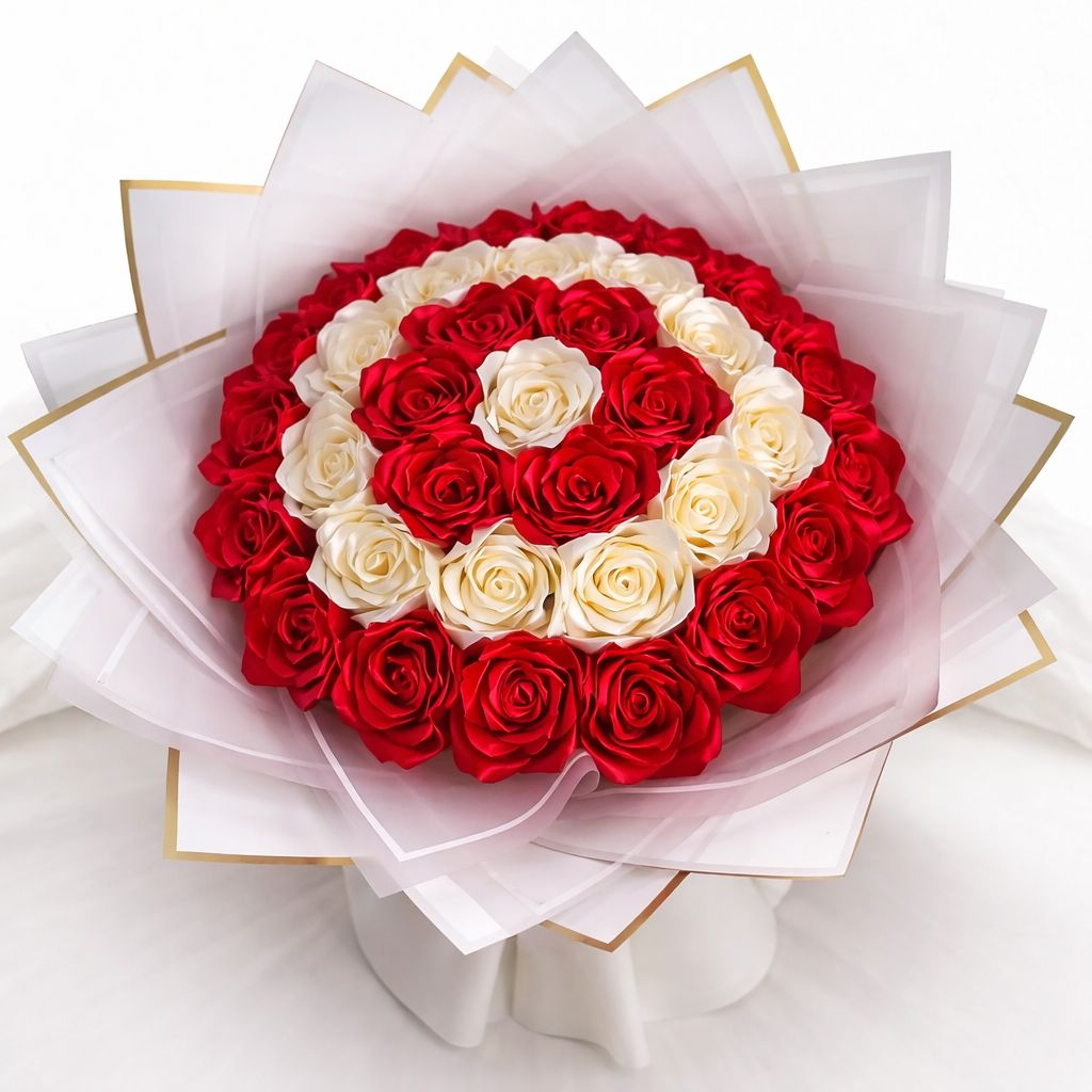 Red and White Satin Rose Bouquet - Flowers | Buy online on ZillyBuy
