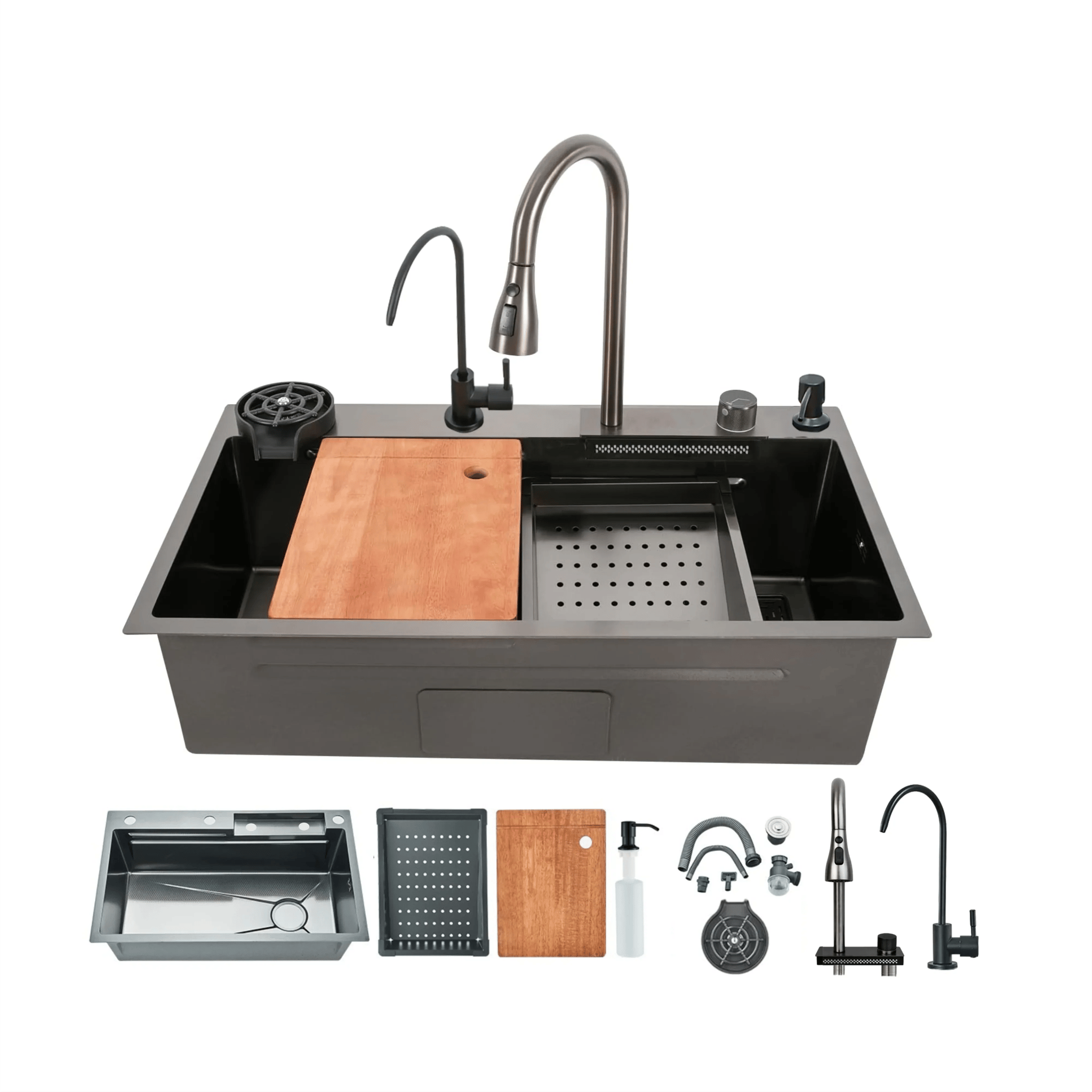 Smart Waterfall  (24 x 18 x 10 ) 304 Stainless Steel Kitchen Sink Black