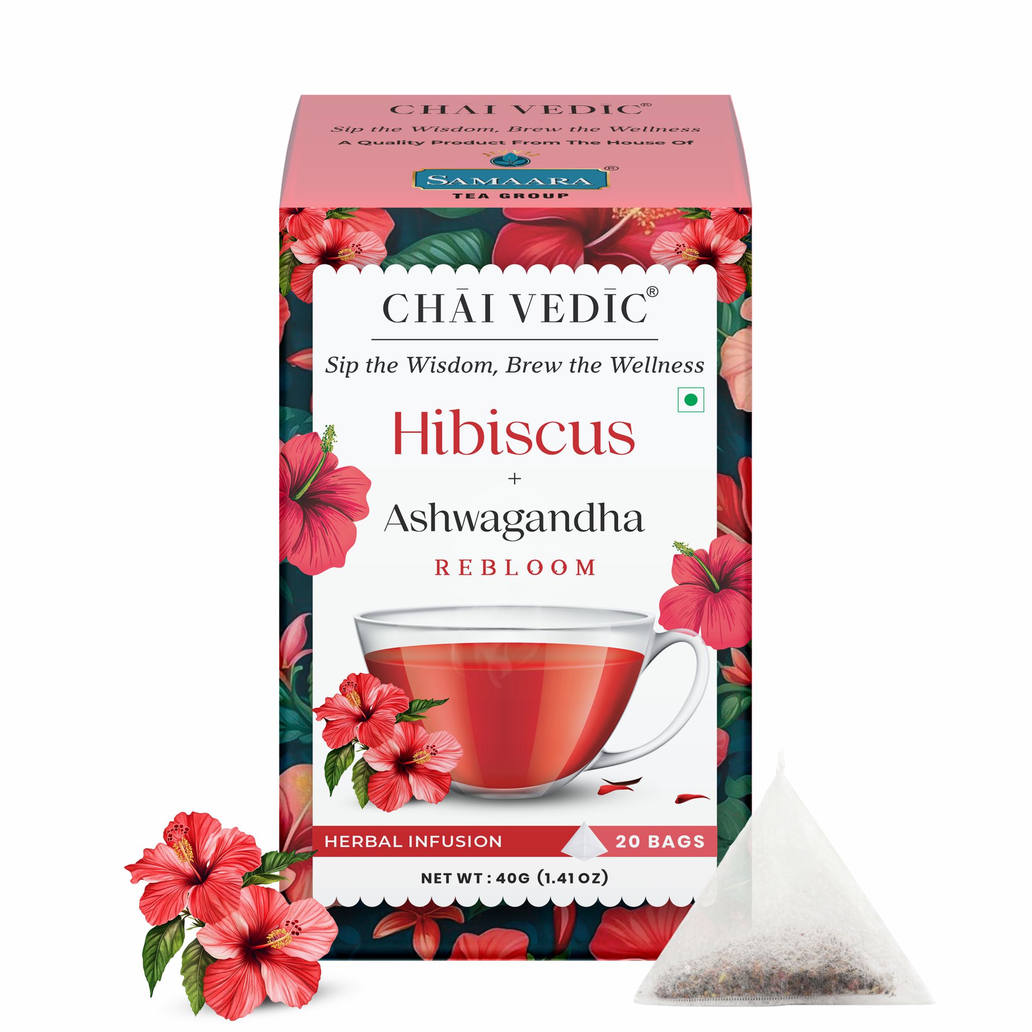 Chai Vedic Hibiscus Ashwagandha Rebloom Herbal Infusion Tea, 20 Bags, 40g, with Cinnamon, Ginger and Apple Flavour