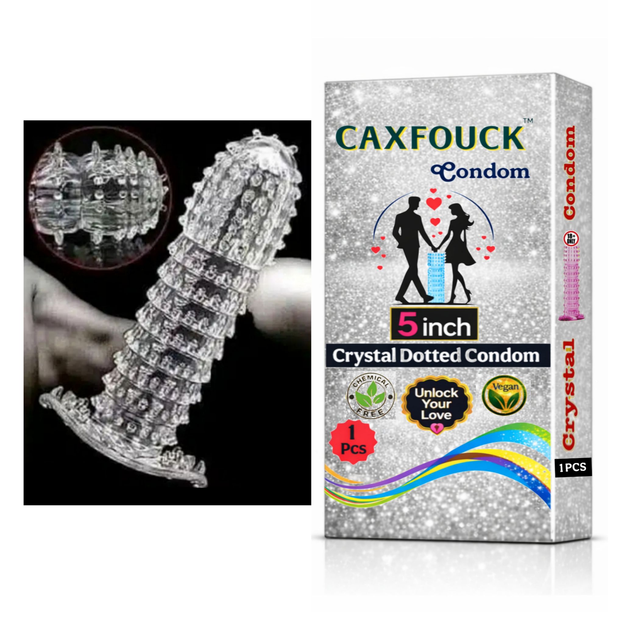 CAXFOUCK Crystal Dotted Reusable Condom 5 Inch Premium Textured Pleasure Sleeve for Intense Sensation (1 Pc) Multicolor