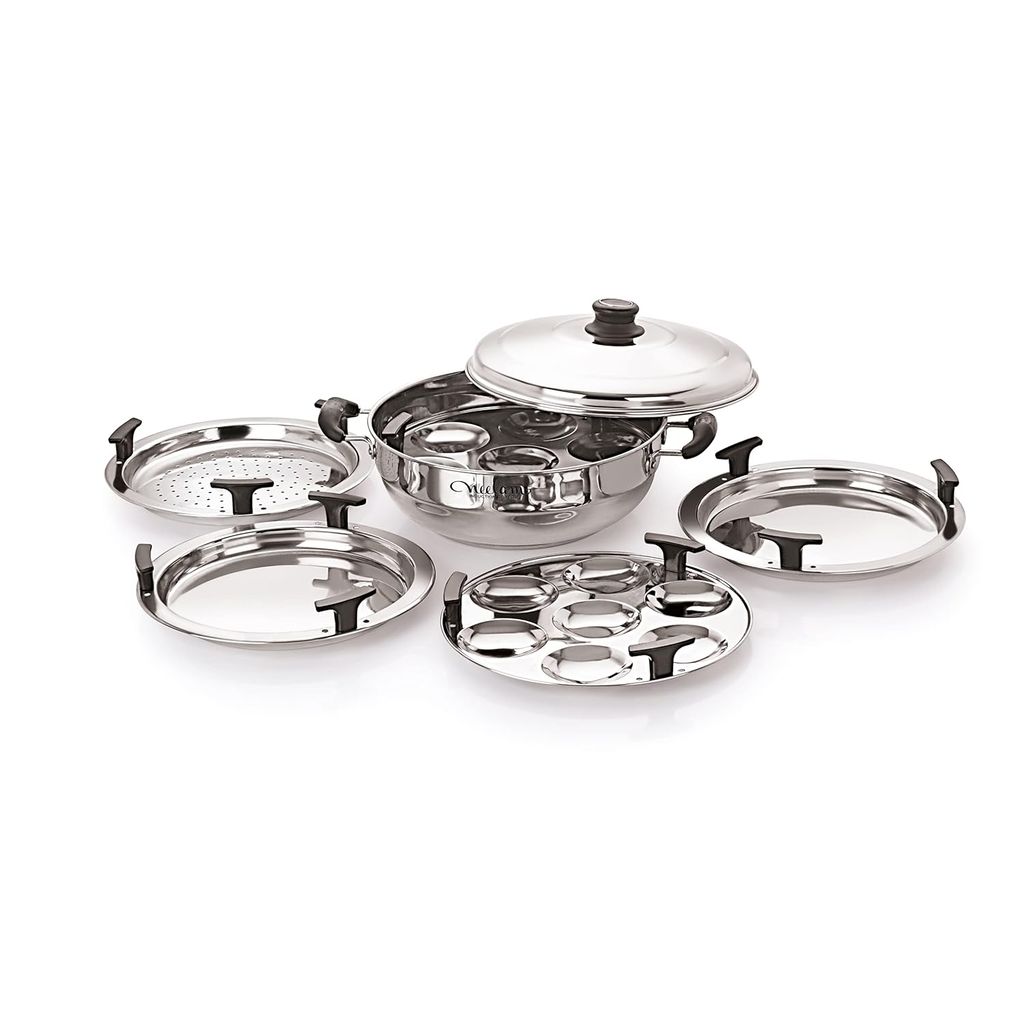 Neelam Stainless Steel Multi Kadai Big Induction Base 3500 ml, Silver | Versatile Cooking Set Including 1 Multi Kadai, 2 Dhokla Plates, 1 Patra Plate, 2 Idli Dishes, 1 Lid | Perfect for Daily Use. - Cookware | Buy online on ZillyBuy