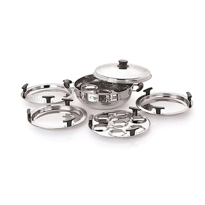 Neelam Stainless Steel Multi Kadai Big Induction Base 3500 ml, Silver | Versatile Cooking Set Including 1 Multi Kadai, 2 Dhokla Plates, 1 Patra Plate, 2 Idli Dishes, 1 Lid | Perfect for Daily Use.