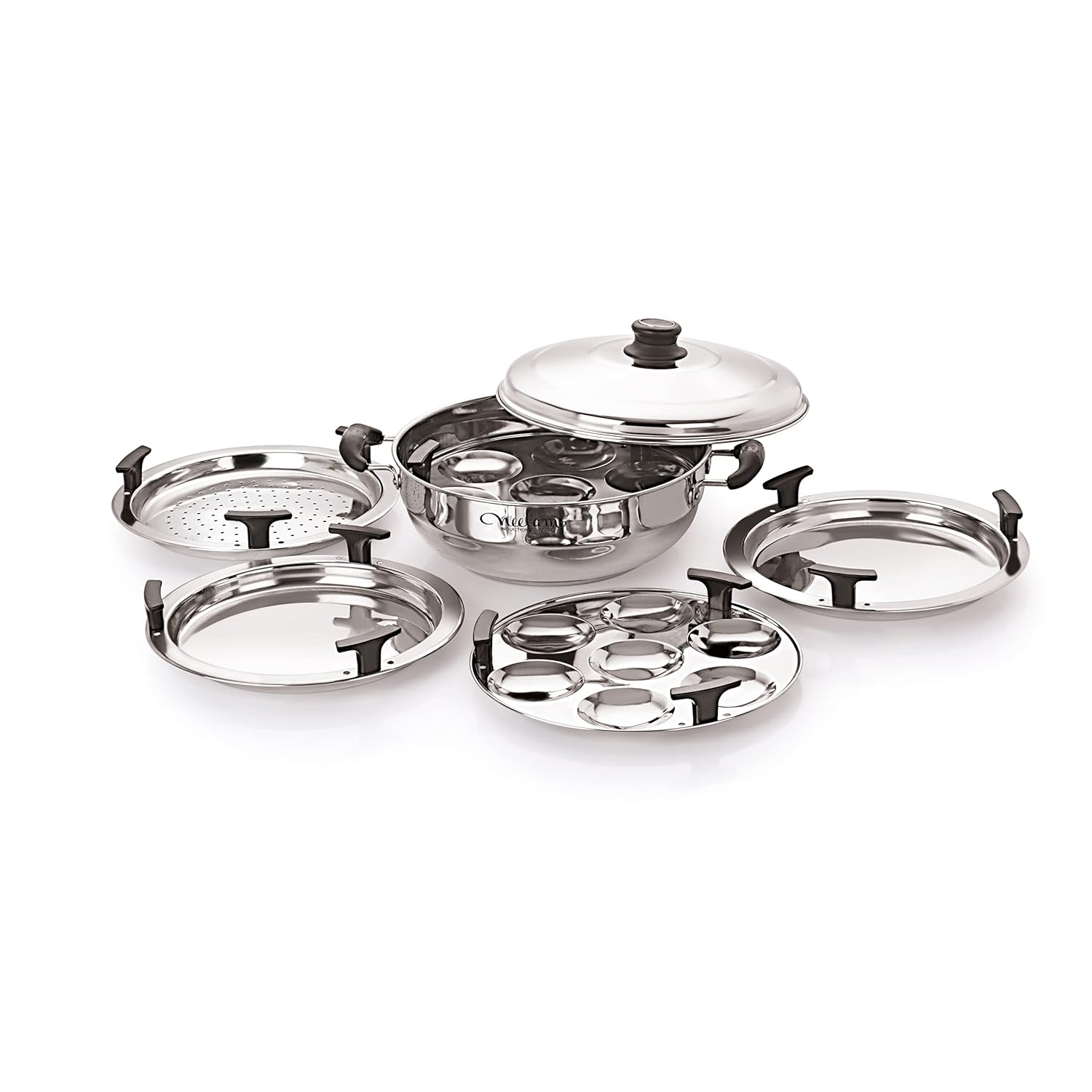 Neelam Stainless Steel Multi Kadai Big Induction Base 3500 ml, Silver | Versatile Cooking Set Including 1 Multi Kadai, 2 Dhokla Plates, 1 Patra Plate, 2 Idli Dishes, 1 Lid | Perfect for Daily Use.