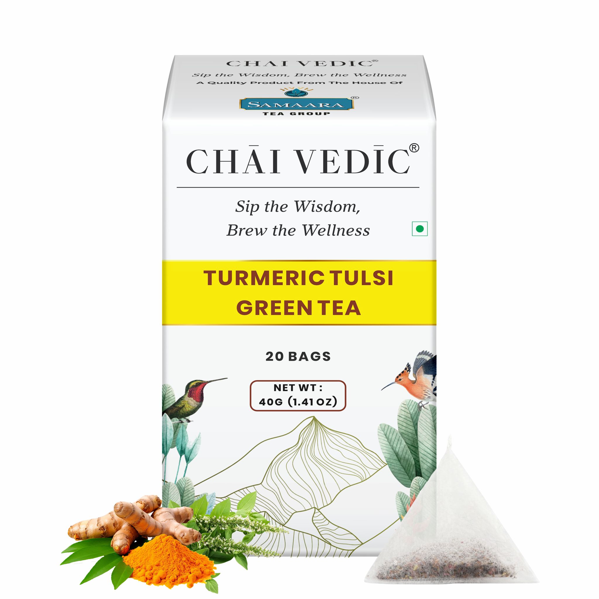 Chai Vedic Tea | Turmeric Tulsi Green Tea | 20 Tea Bags | Tea Powder