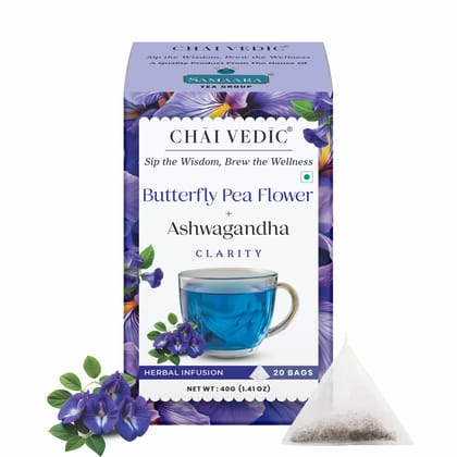 Chai Vedic Butterfly Pea Flower and Ashwagandha Herbal Infusion Tea, Clarity Blend, 20 Bags