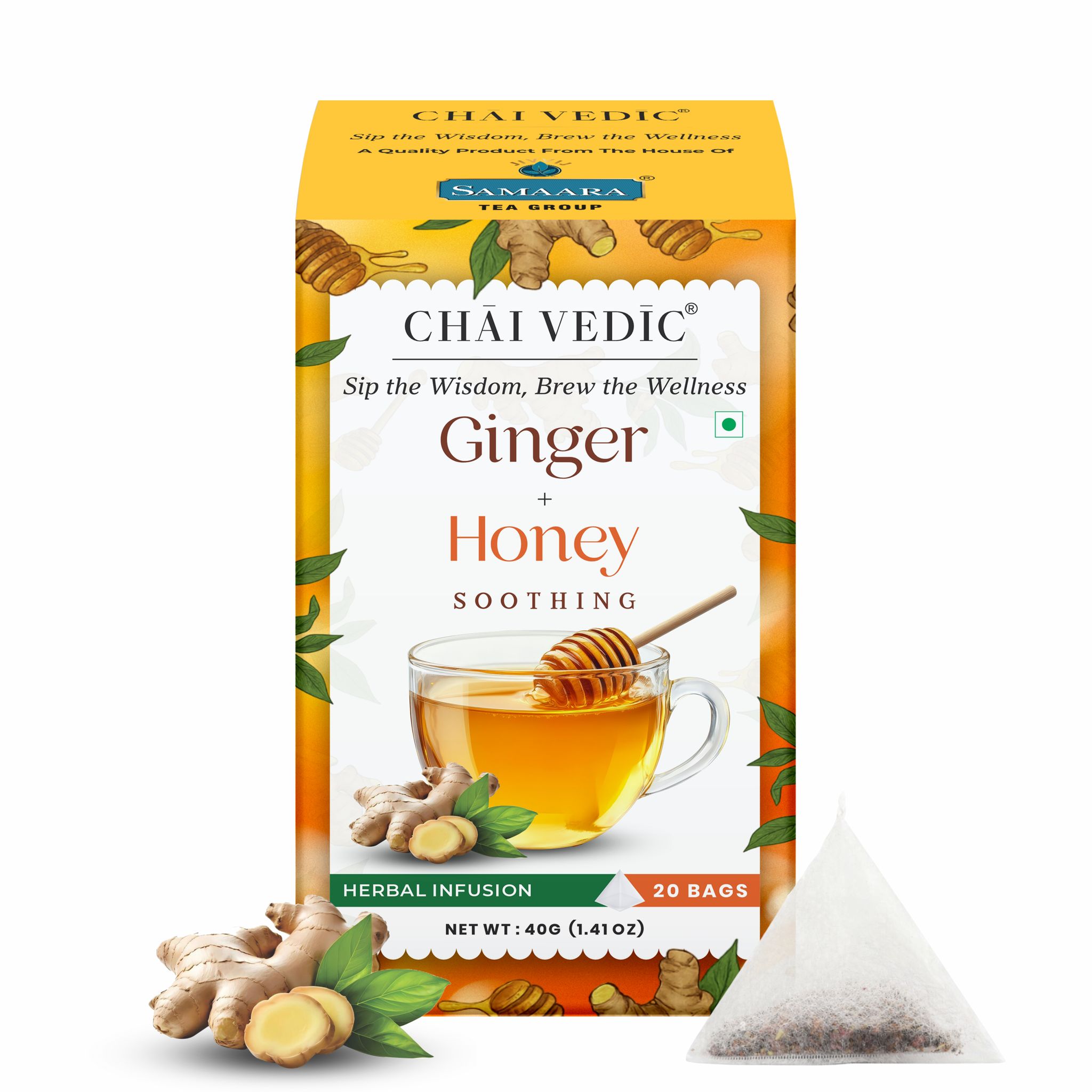 Chai Vedic Ginger Honey Herbal Infusion Tea, Soothing Blend with Lemongrass, Licorice and Fennel, 20 Tea Bags
