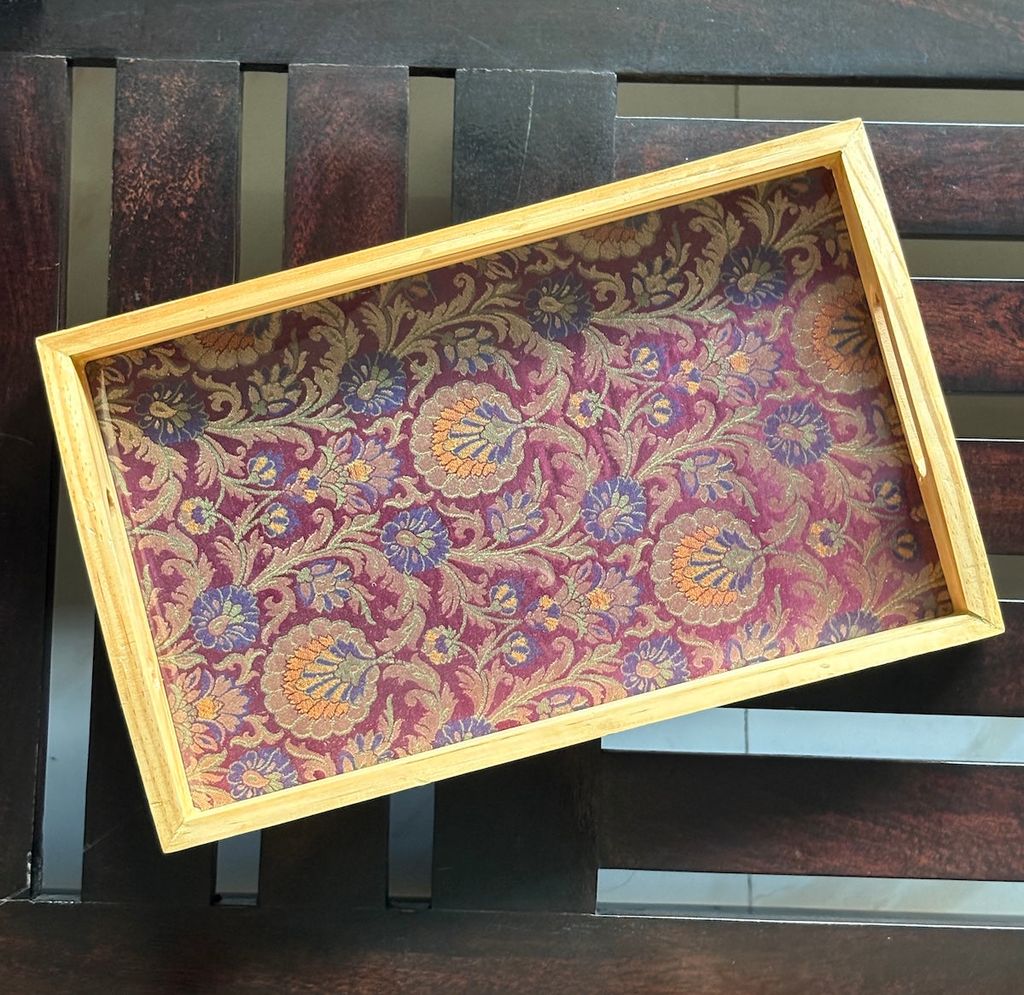 Rajwada Resham Brocade Pine Wood Serving Tray – 14 x 8.5 Inch