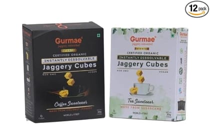 Gurmae Gurmae Organic Jaggery Cubes Combo | Pure Sugarcane Jaggery Cubes for Tea & Coconut Jaggery Cubes for Coffee | Healthy Sugar Substitute | Instantly Dissolvable, 100% Organic, Travel-Friendly (6+6 Each)