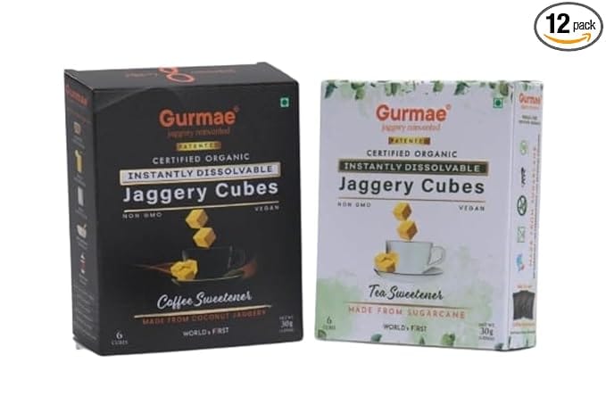 Gurmae Gurmae Organic Jaggery Cubes Combo | Pure Sugarcane Jaggery Cubes for Tea & Coconut Jaggery Cubes for Coffee | Healthy Sugar Substitute | Instantly Dissolvable, 100% Organic, Travel-Friendly (6+6 Each)