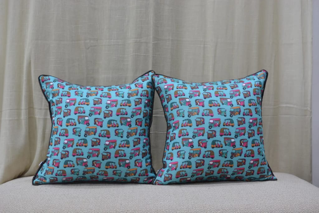 Quirky Auto Print Linen Cushion Covers with Contrast Back & Cord Piping – 16 × 16 inch (Set of 2)